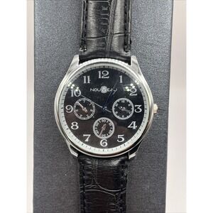 Nouveau Men's Quartz Watch Silver 38mm‎ Case Black Leather Band- New Battery